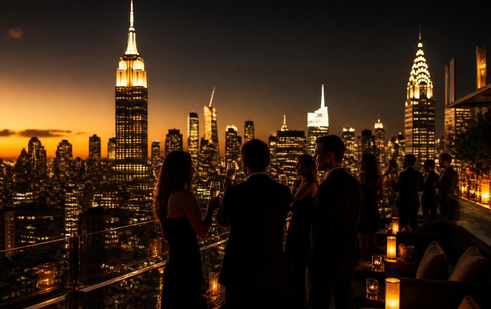 New York City rooftop nightlife at dusk